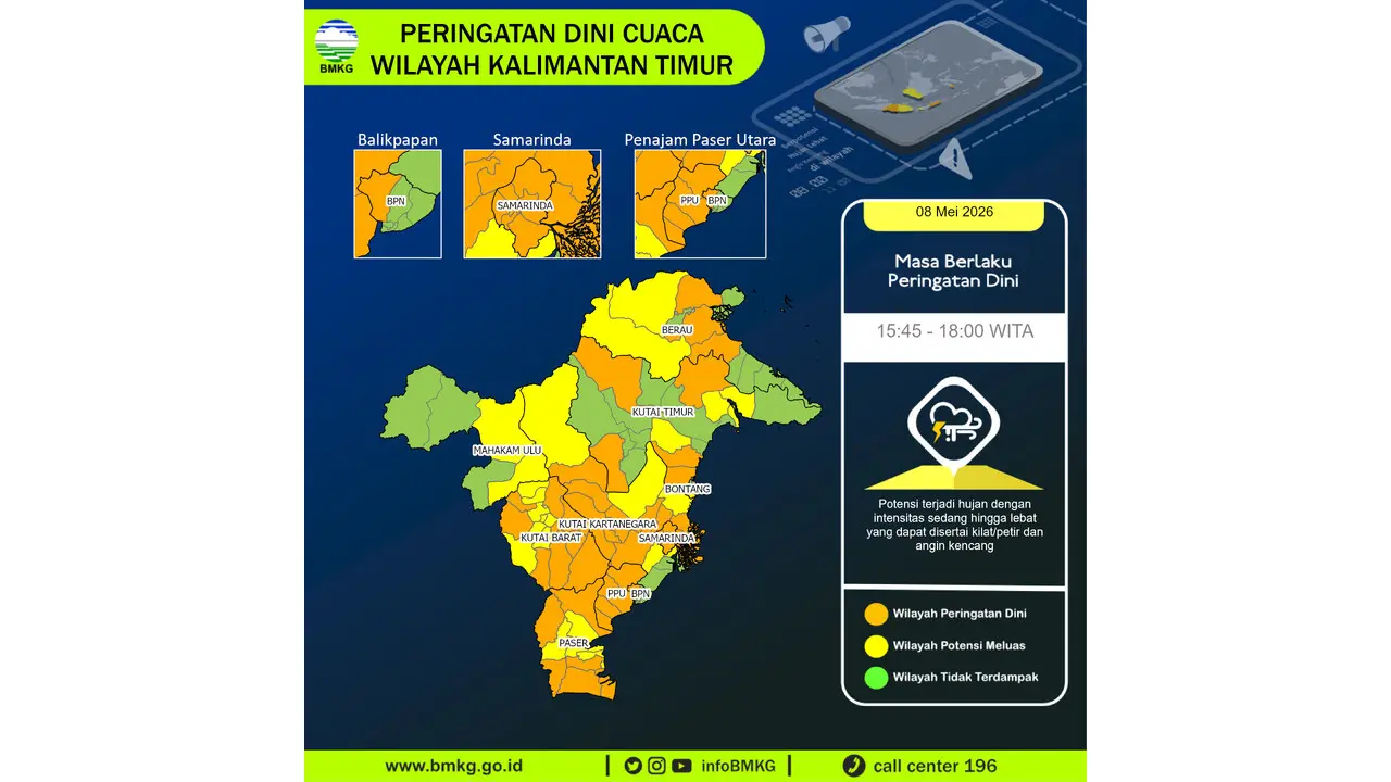 Prakiraan Cuaca Kaltim, 8 Mei 2026: Sejumlah Wilayah Berpotensi Hujan Lebat Disertai Petir dan Angin Kencang