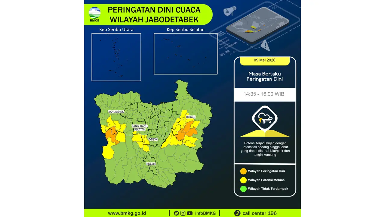 Prakiraan Cuaca Jabodetabek, 9 Mei 2026: Sejumlah Wilayah Berpotensi Hujan Lebat Disertai Petir dan Angin Kencang