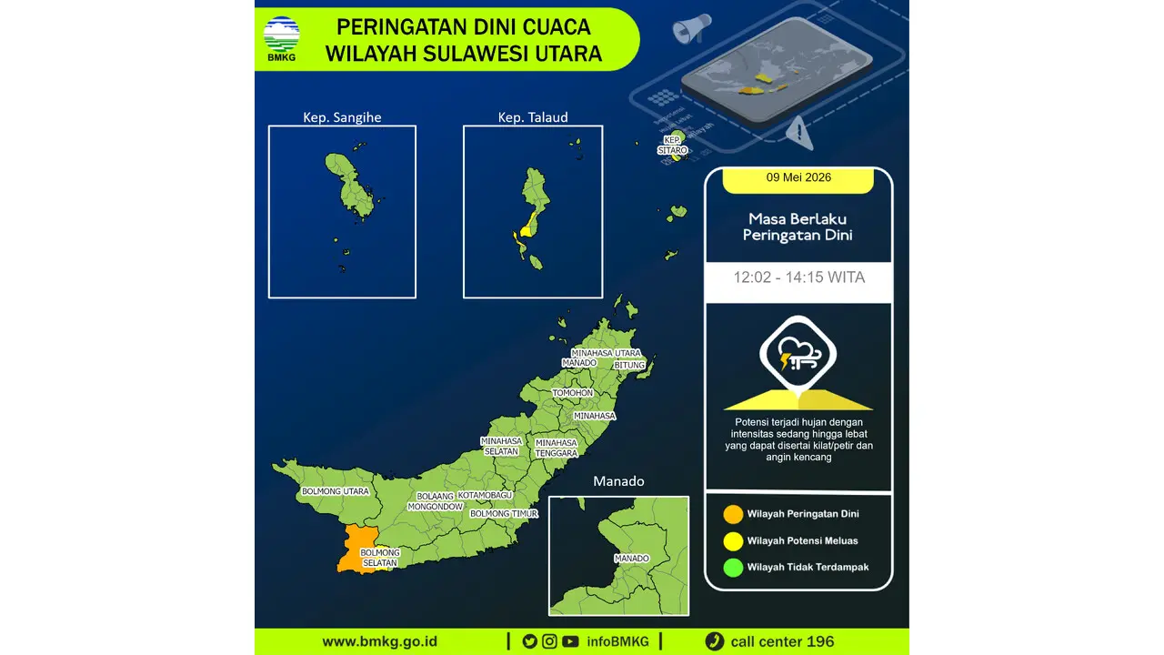 Prakiraan Cuaca Sulut, 9 Mei 2026: Sejumlah Wilayah Berpotensi Hujan Lebat Disertai Petir dan Angin Kencang