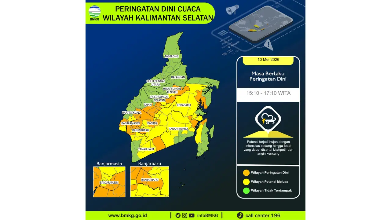 Prakiraan Cuaca Kalsel, 10 Mei 2026: Sejumlah Wilayah Berpotensi Hujan Lebat Disertai Petir dan Angin Kencang