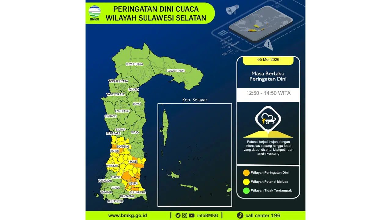 Prakiraan Cuaca Sulsel, 5 Mei 2026: Sejumlah Wilayah Berpotensi Hujan Lebat Disertai Petir dan Angin Kencang