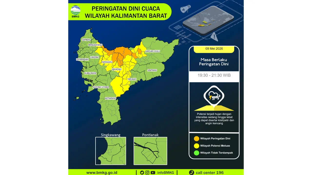 Prakiraan Cuaca Kalbar, 9 Mei 2026: Sejumlah Wilayah Berpotensi Hujan Lebat Disertai Petir dan Angin Kencang