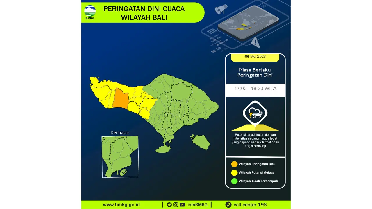 Prakiraan Cuaca Bali, 6 Mei 2026: Sejumlah Wilayah Berpotensi Hujan Lebat Disertai Petir dan Angin Kencang