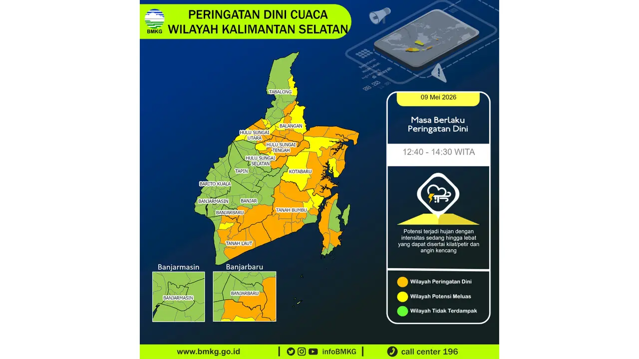Prakiraan Cuaca Kalsel, 9 Mei 2026: Sejumlah Wilayah Berpotensi Hujan Lebat Disertai Petir dan Angin Kencang