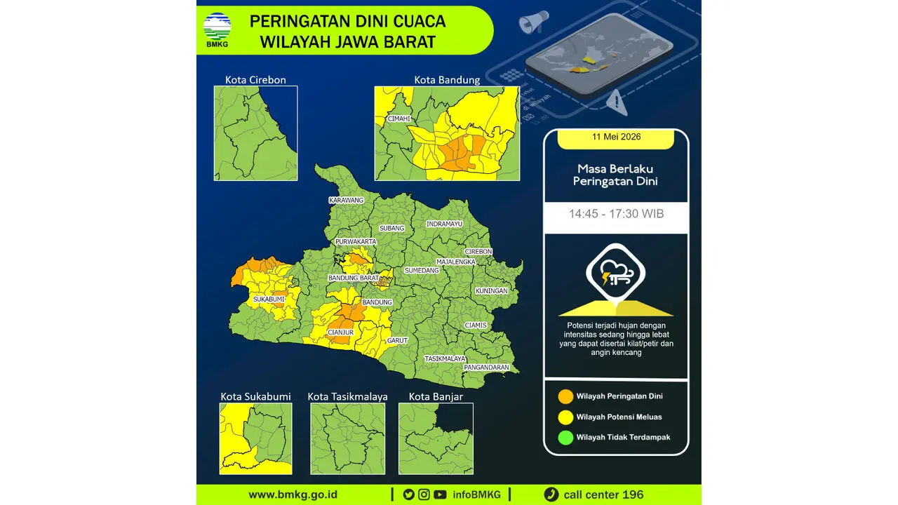 Prakiraan Cuaca Jabar, 11 Mei 2026: Sejumlah Wilayah Berpotensi Hujan Lebat Disertai Petir dan Angin Kencang