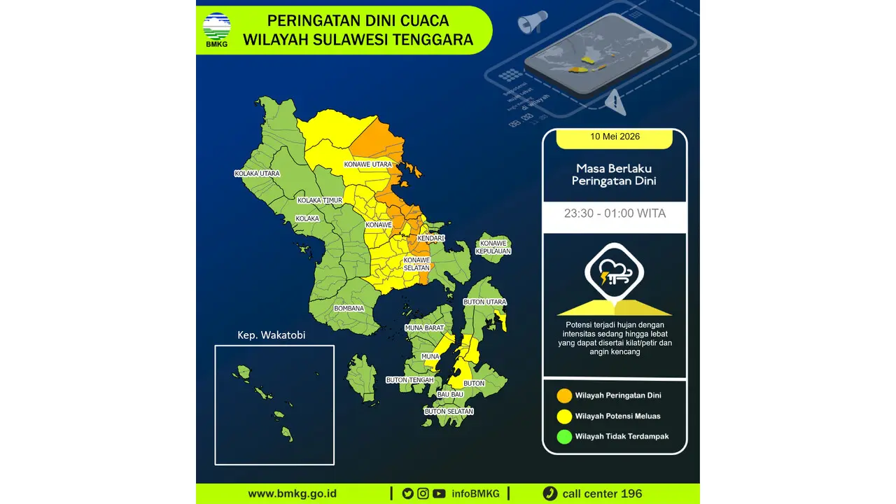 Prakiraan Cuaca Sultra, 10 Mei 2026: Sejumlah Wilayah Berpotensi Hujan Lebat Disertai Petir dan Angin Kencang