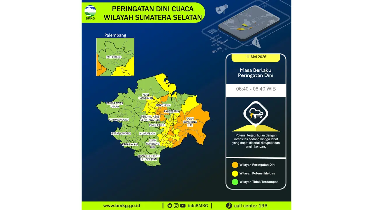 Prakiraan Cuaca Sumsel, 11 Mei 2026: Sejumlah Wilayah Berpotensi Hujan Lebat Disertai Petir dan Angin Kencang