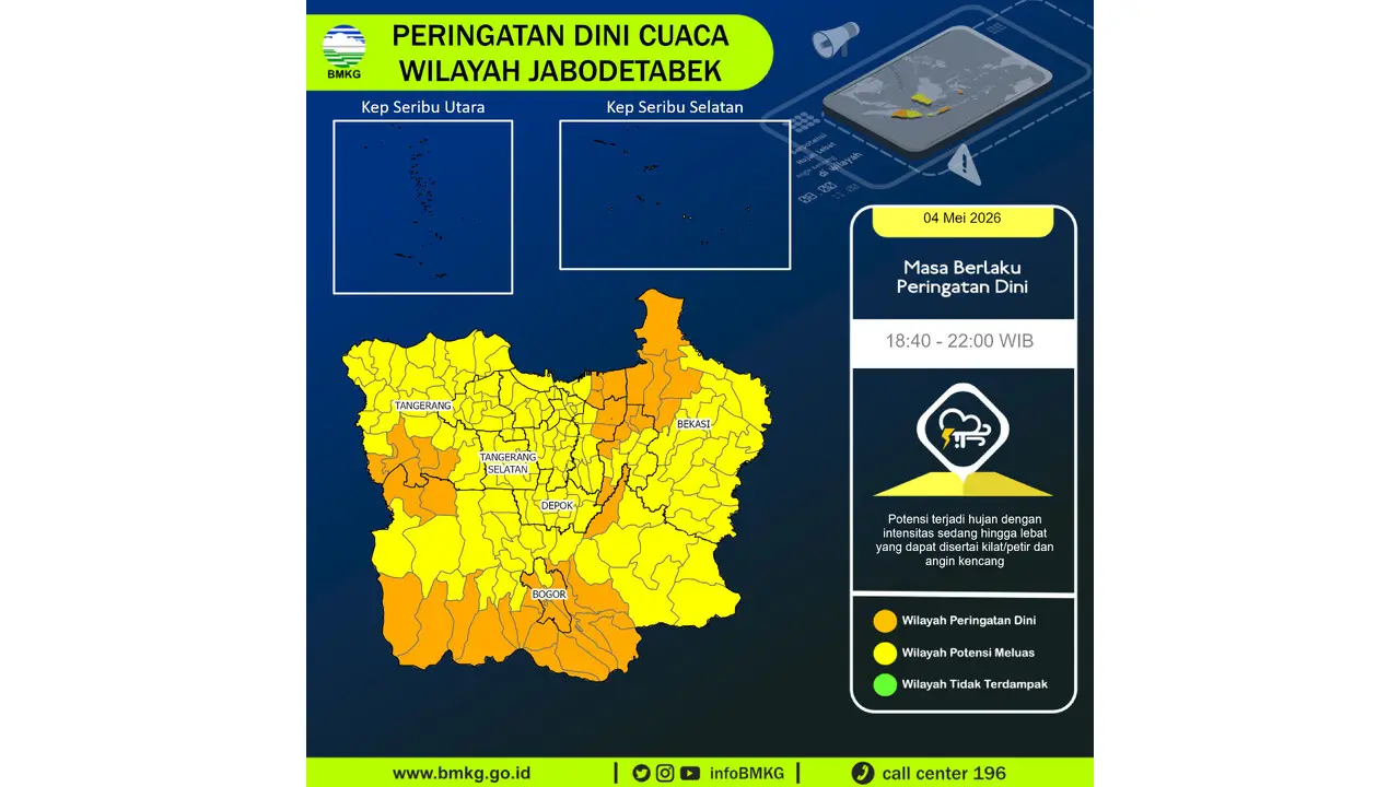 Prakiraan Cuaca Jabodetabek, 4 Mei 2026: Sejumlah Wilayah Berpotensi Hujan Lebat Disertai Petir dan Angin Kencang