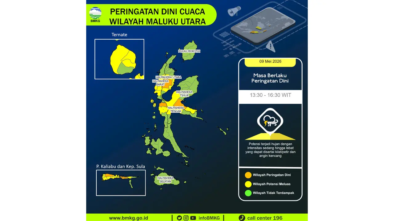 Prakiraan Cuaca Malut, 9 Mei 2026: Sejumlah Wilayah Berpotensi Hujan Lebat Disertai Petir dan Angin Kencang