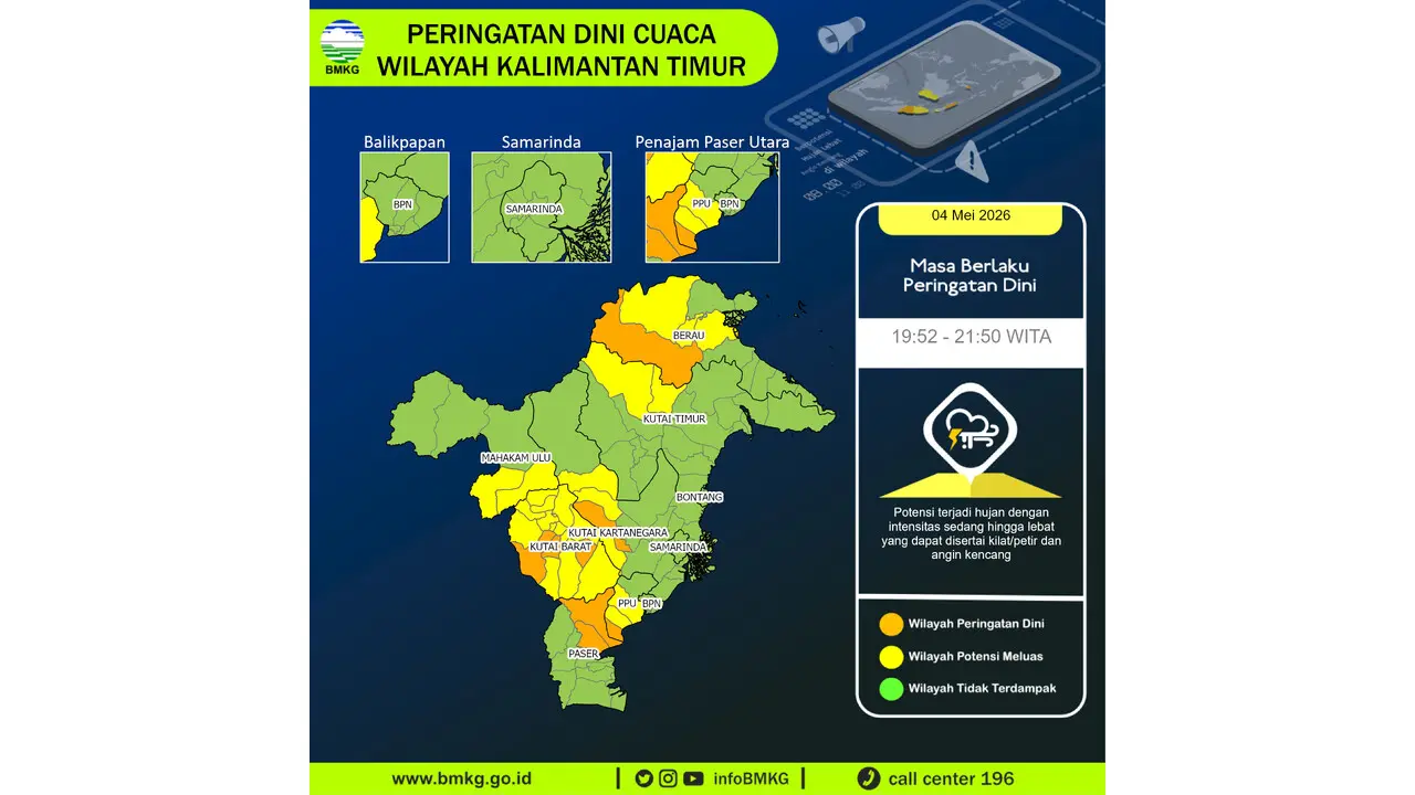 Prakiraan Cuaca Kaltim, 4 Mei 2026: Sejumlah Wilayah Berpotensi Hujan Lebat Disertai Petir dan Angin Kencang