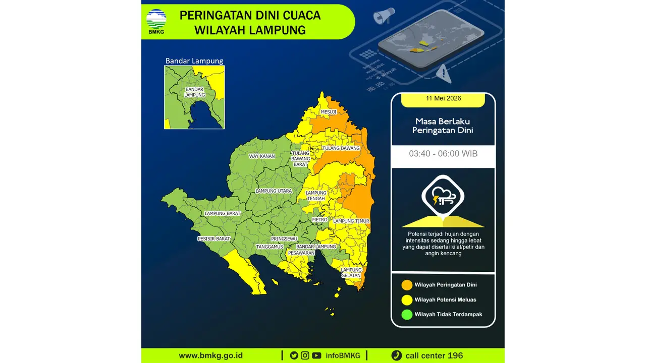 Prakiraan Cuaca Lampung, 11 Mei 2026: Sejumlah Wilayah Berpotensi Hujan Lebat Disertai Petir dan Angin Kencang