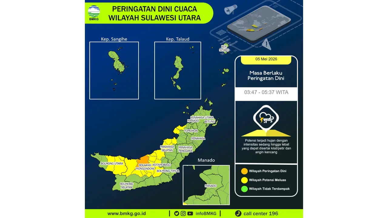 Prakiraan Cuaca Sulut, 5 Mei 2026: Sejumlah Wilayah Berpotensi Hujan Lebat Disertai Petir dan Angin Kencang