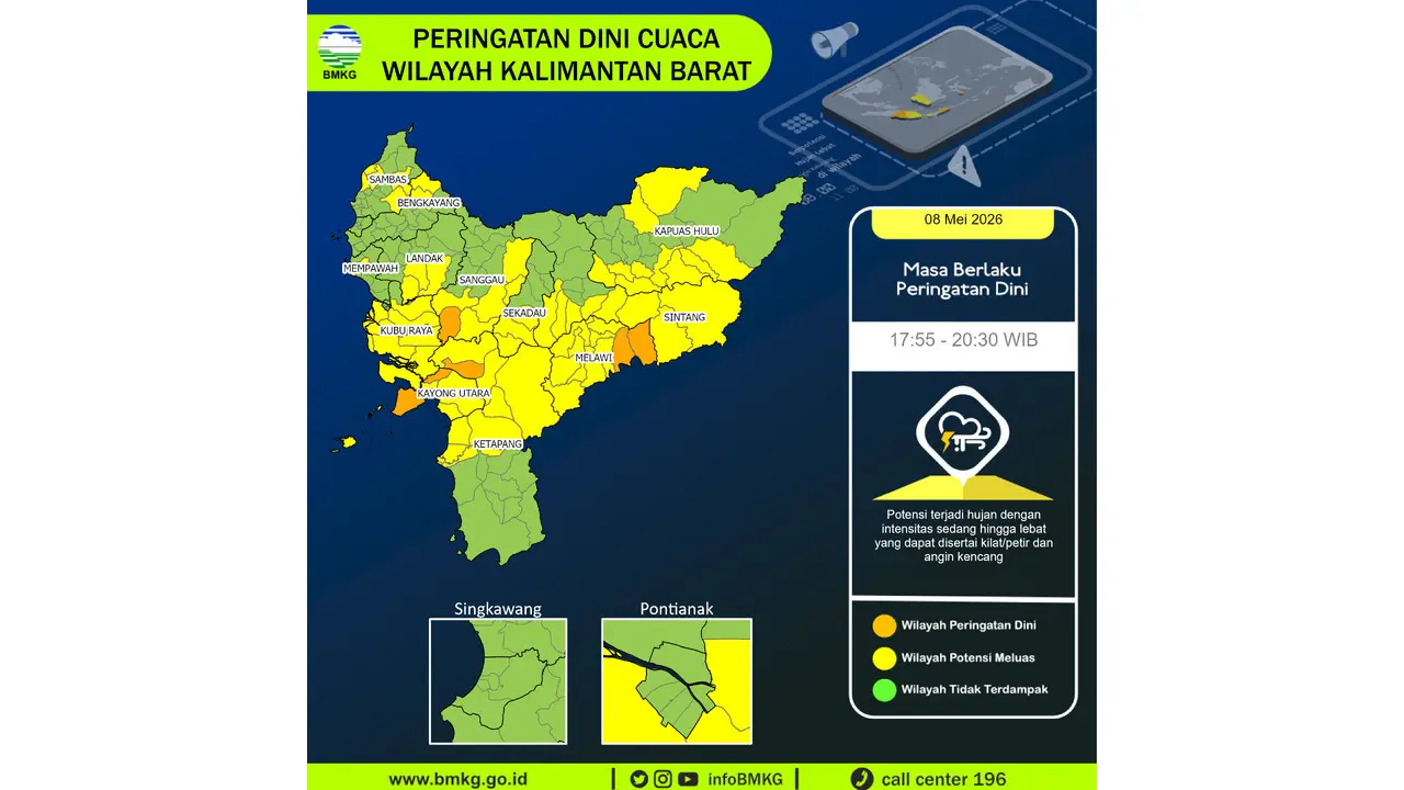 Prakiraan Cuaca Kalbar, 8 Mei 2026: Sejumlah Wilayah Berpotensi Hujan Lebat Disertai Petir dan Angin Kencang