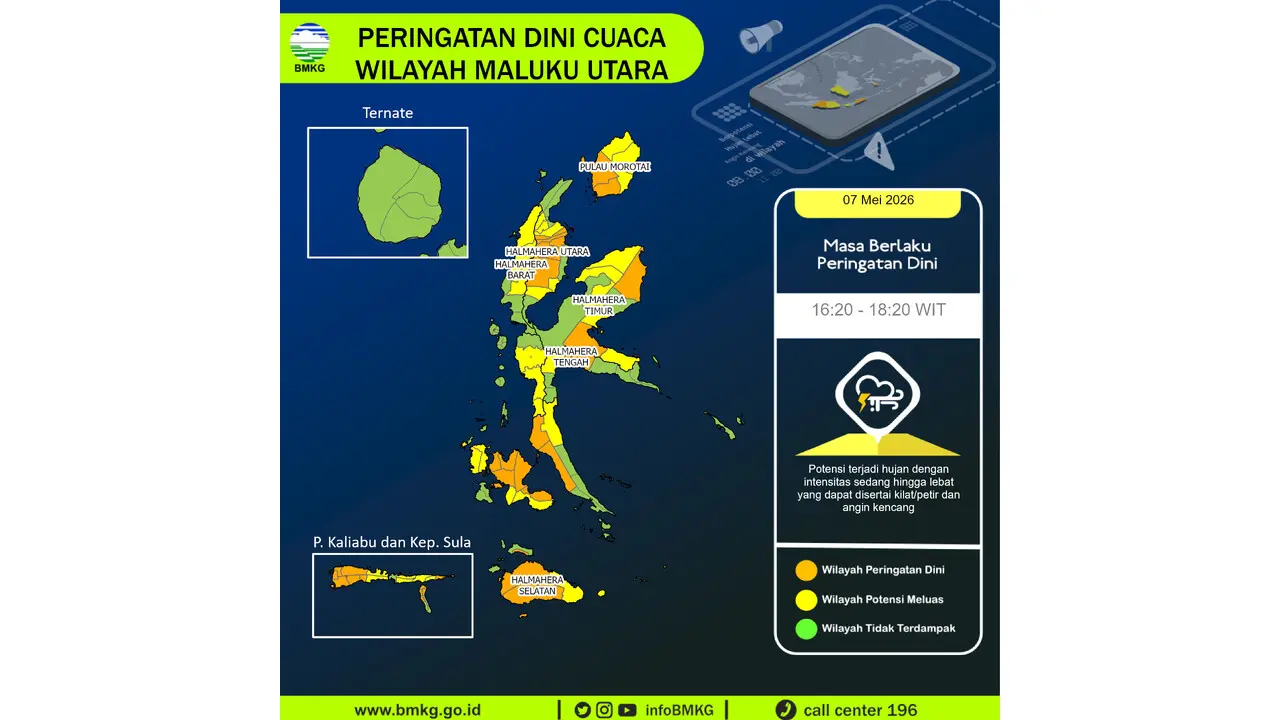 Prakiraan Cuaca Malut, 7 Mei 2026: Sejumlah Wilayah Berpotensi Hujan Lebat Disertai Petir dan Angin Kencang