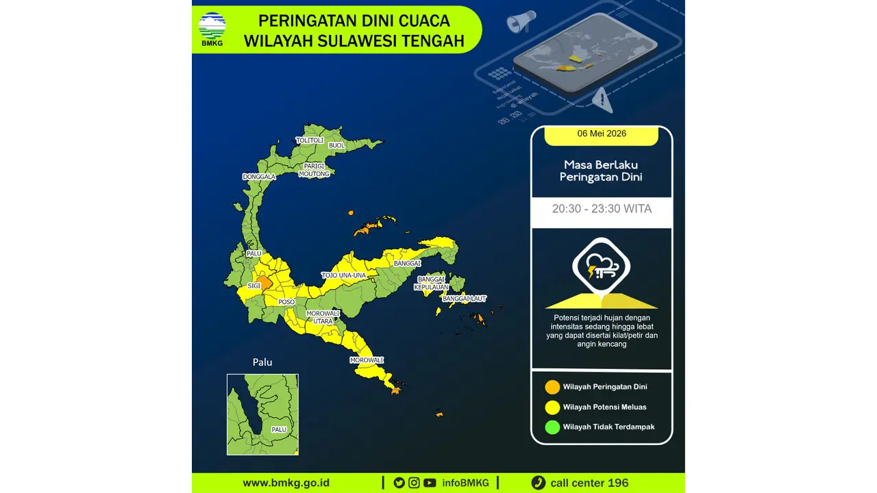 Prakiraan Cuaca Sulteng, 6 Mei 2026: Sejumlah Wilayah Berpotensi Hujan Lebat Disertai Petir dan Angin Kencang