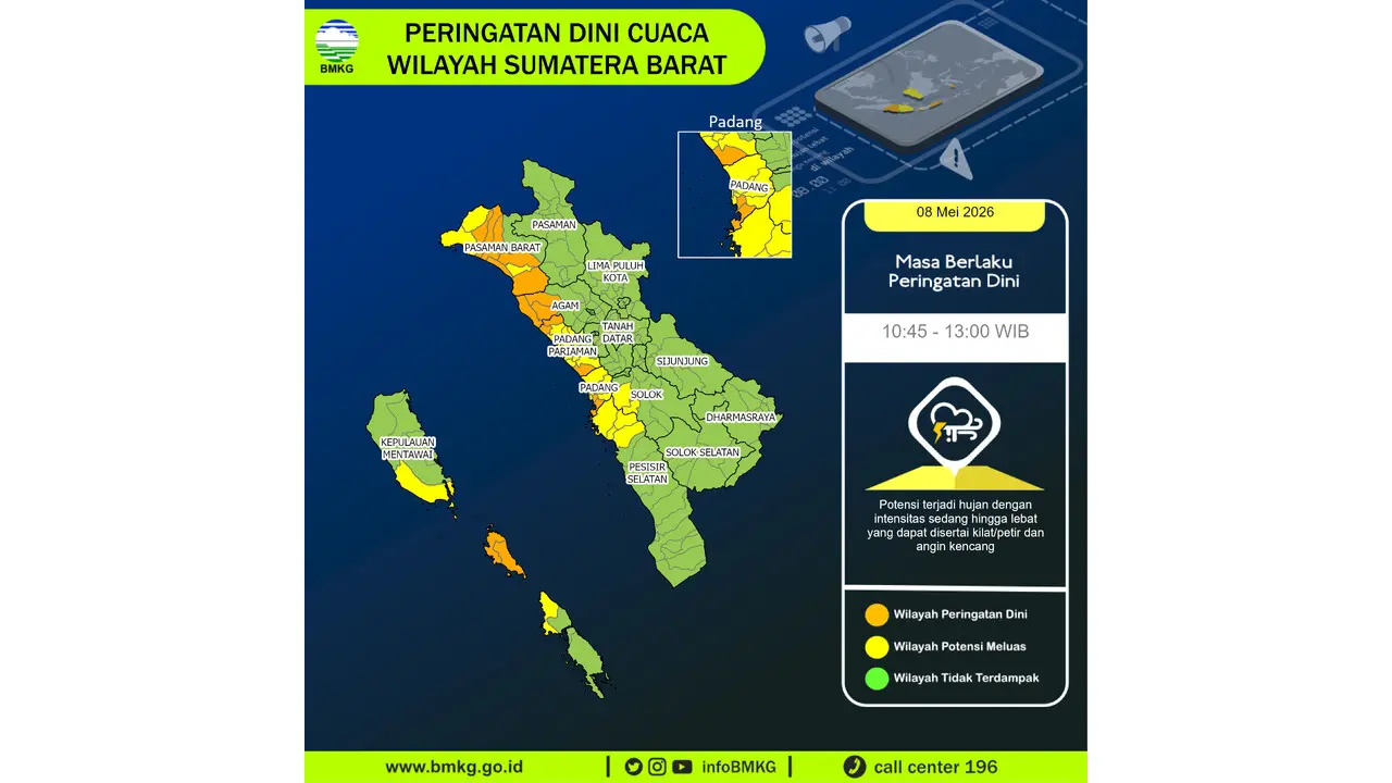 Prakiraan Cuaca Sumbar, 8 Mei 2026: Sejumlah Wilayah Berpotensi Hujan Lebat Disertai Petir dan Angin Kencang