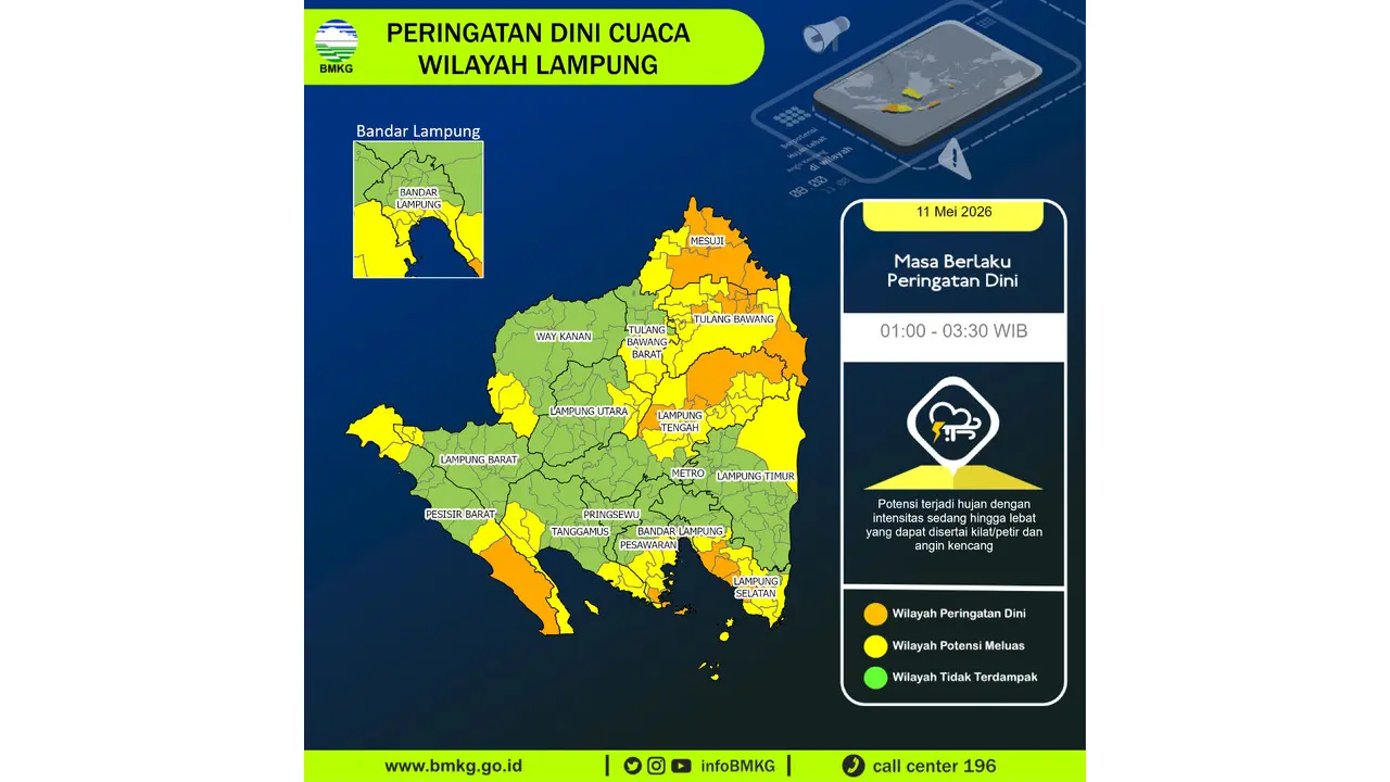 Prakiraan Cuaca Lampung, 11 Mei 2026: Sejumlah Wilayah Berpotensi Hujan Lebat Disertai Petir dan Angin Kencang