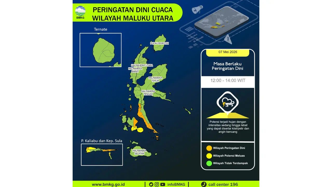 Prakiraan Cuaca Malut, 7 Mei 2026: Sejumlah Wilayah Berpotensi Hujan Lebat Disertai Petir dan Angin Kencang