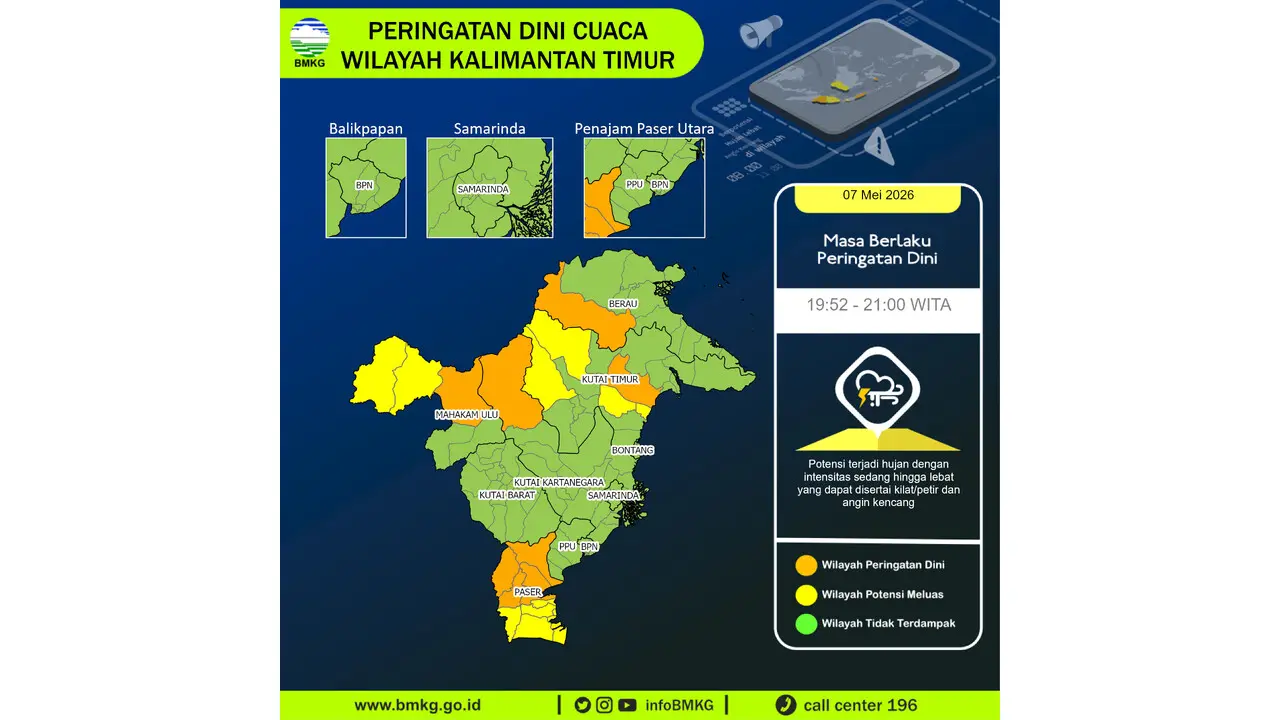 Prakiraan Cuaca Kaltim, 7 Mei 2026: Sejumlah Wilayah Berpotensi Hujan Lebat Disertai Petir dan Angin Kencang
