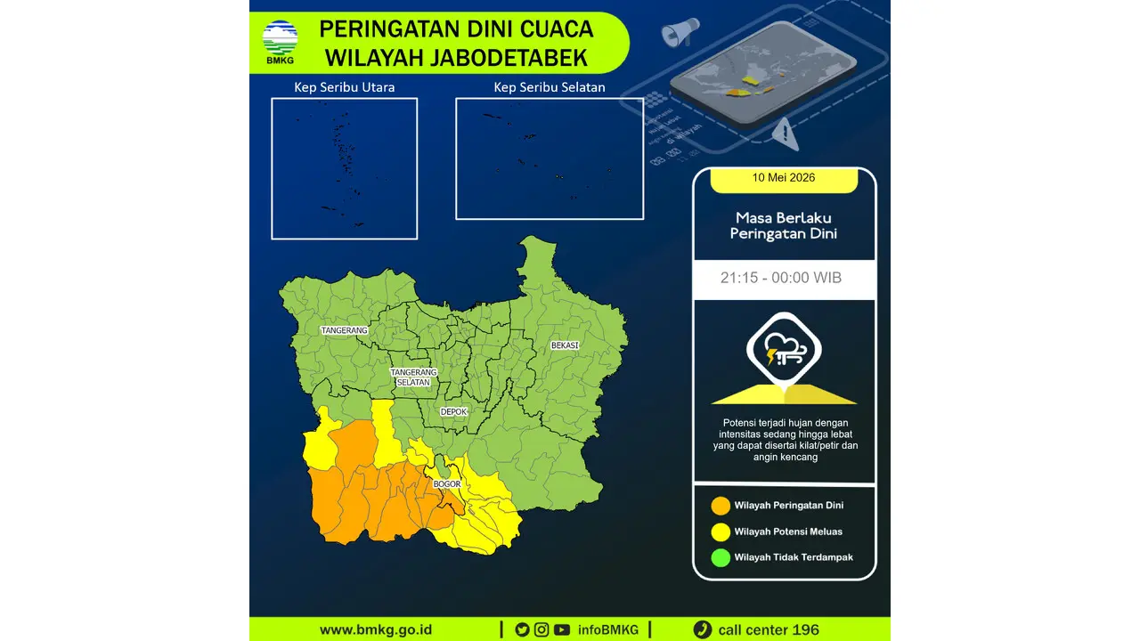 Prakiraan Cuaca Jabodetabek, 10 Mei 2026: Sejumlah Wilayah Berpotensi Hujan Lebat Disertai Petir dan Angin Kencang