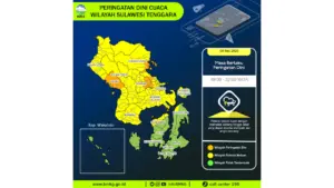 Prakiraan Cuaca Sultra, 9 Mei 2026: Sejumlah Wilayah Berpotensi Hujan Lebat Disertai Petir dan Angin Kencang