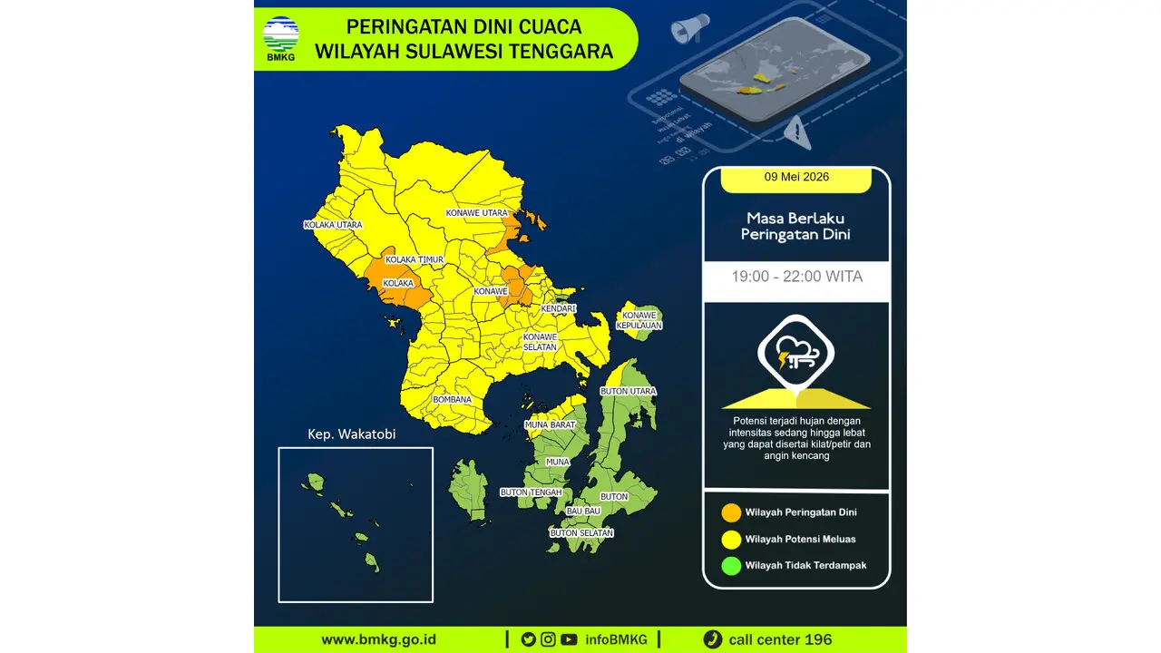 Prakiraan Cuaca Sultra, 9 Mei 2026: Sejumlah Wilayah Berpotensi Hujan Lebat Disertai Petir dan Angin Kencang
