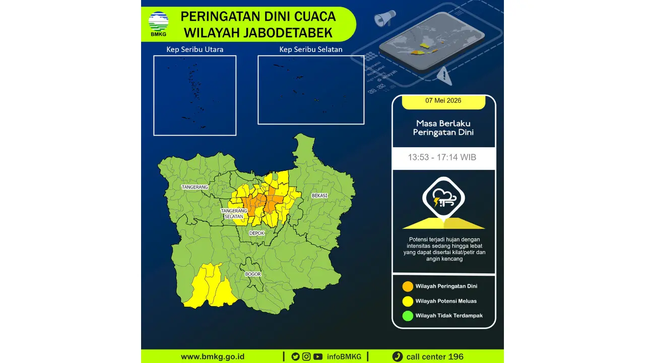 Prakiraan Cuaca Jabodetabek, 7 Mei 2026: Sejumlah Wilayah Berpotensi Hujan Lebat Disertai Petir dan Angin Kencang