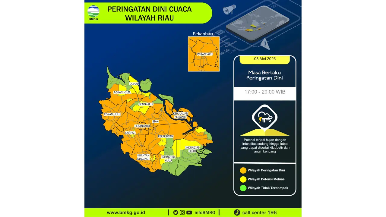 Prakiraan Cuaca Riau, 8 Mei 2026: Sejumlah Wilayah Berpotensi Hujan Lebat Disertai Petir dan Angin Kencang
