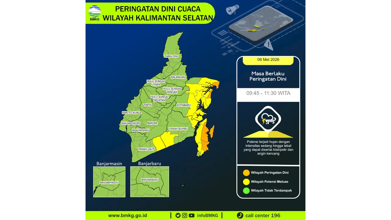 Prakiraan Cuaca Kalsel, 6 Mei 2026: Sejumlah Wilayah Berpotensi Hujan Lebat Disertai Petir dan Angin Kencang