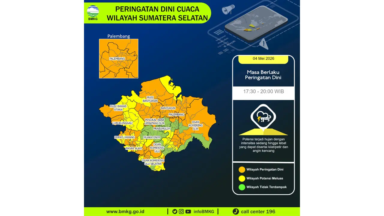 Prakiraan Cuaca Sumsel, 5 Mei 2026: Sejumlah Wilayah Berpotensi Hujan Lebat Disertai Petir dan Angin Kencang