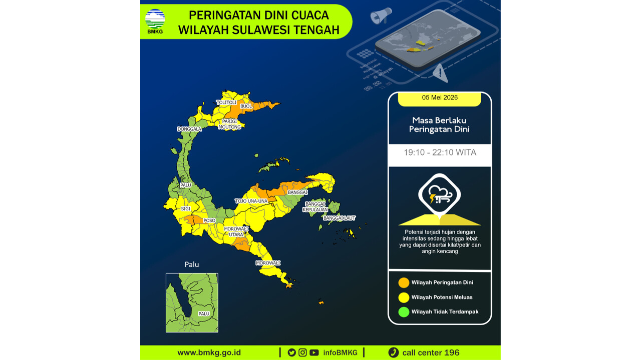 Prakiraan Cuaca Sulteng, 5 Mei 2026: Sejumlah Wilayah Berpotensi Hujan Lebat Disertai Petir dan Angin Kencang