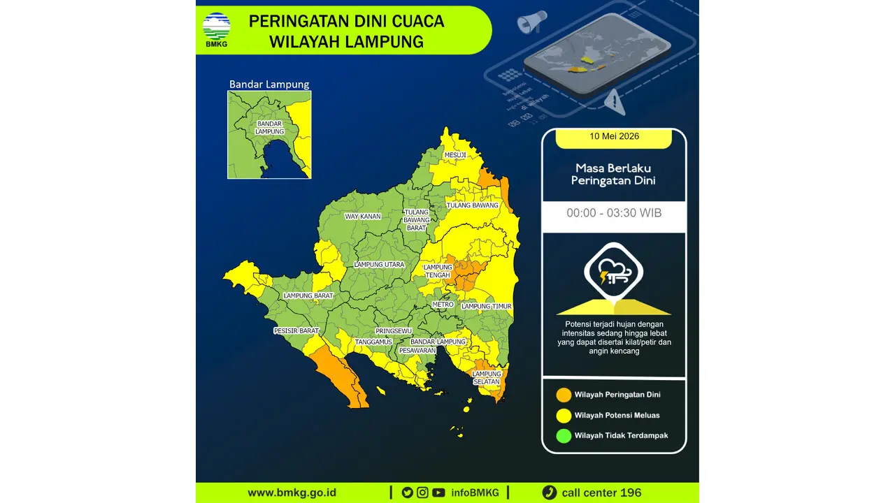 Prakiraan Cuaca Lampung, 11 Mei 2026: Sejumlah Wilayah Berpotensi Hujan Lebat Disertai Petir dan Angin Kencang
