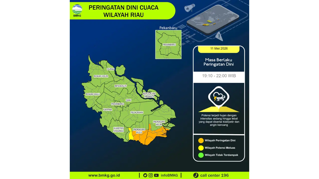 Prakiraan Cuaca Riau, 11 Mei 2026: Sejumlah Wilayah Berpotensi Hujan Lebat Disertai Petir dan Angin Kencang