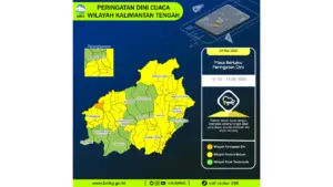 Prakiraan Cuaca Kalteng, 9 Mei 2026: Sejumlah Wilayah Berpotensi Hujan Lebat Disertai Petir dan Angin Kencang