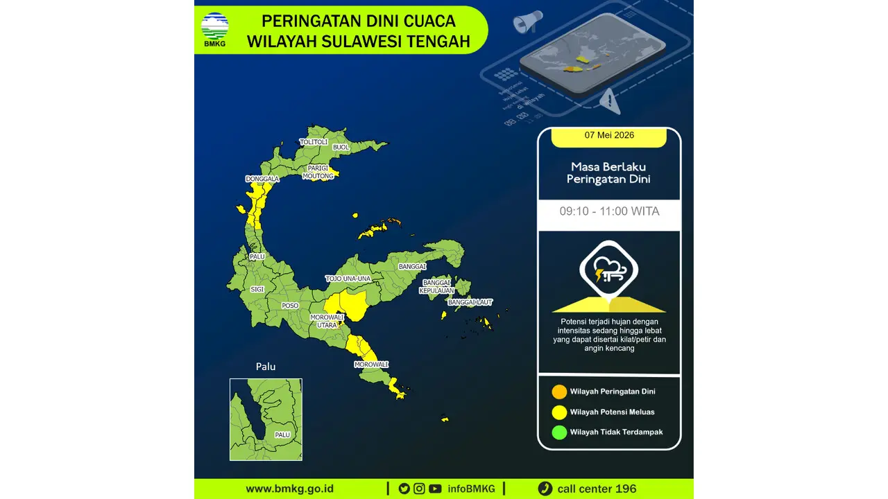 Prakiraan Cuaca Sulteng, 7 Mei 2026: Sejumlah Wilayah Berpotensi Hujan Lebat Disertai Petir dan Angin Kencang