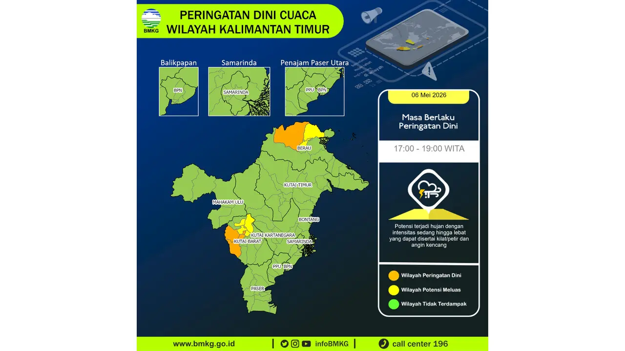 Prakiraan Cuaca Kaltim, 6 Mei 2026: Sejumlah Wilayah Berpotensi Hujan Lebat Disertai Petir dan Angin Kencang