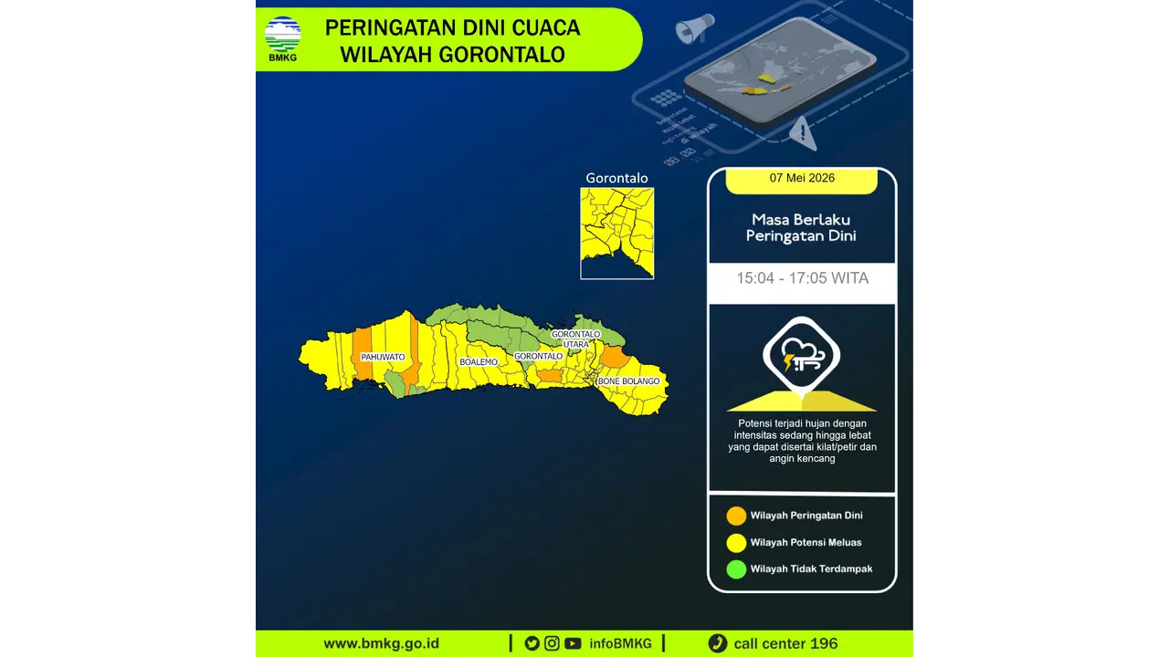 Prakiraan Cuaca Gorontalo, 7 Mei 2026: Sejumlah Wilayah Berpotensi Hujan Lebat Disertai Petir dan Angin Kencang