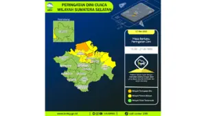 Prakiraan Cuaca Sumsel, 7 Mei 2026: Sejumlah Wilayah Berpotensi Hujan Lebat Disertai Petir dan Angin Kencang