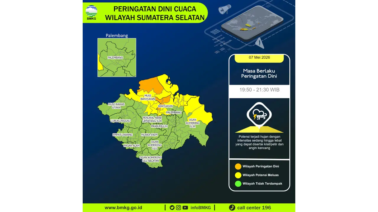 Prakiraan Cuaca Sumsel, 7 Mei 2026: Sejumlah Wilayah Berpotensi Hujan Lebat Disertai Petir dan Angin Kencang