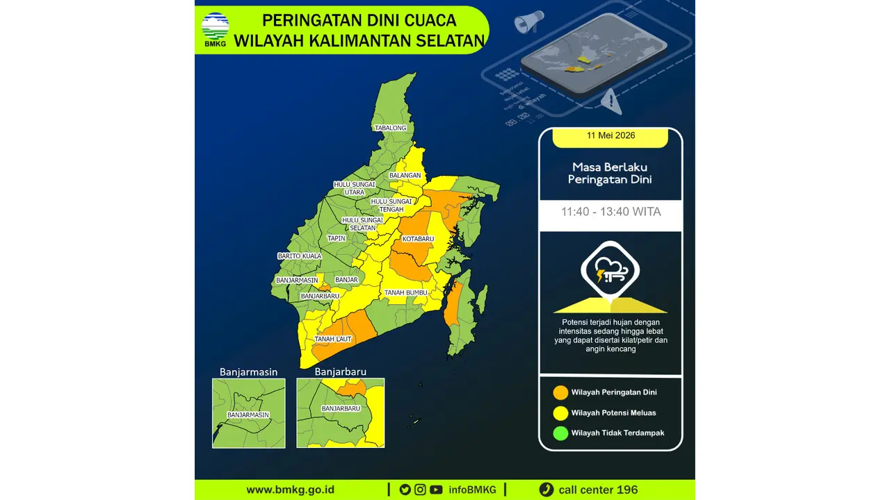 Prakiraan Cuaca Kalsel, 11 Mei 2026: Sejumlah Wilayah Berpotensi Hujan Lebat Disertai Petir dan Angin Kencang
