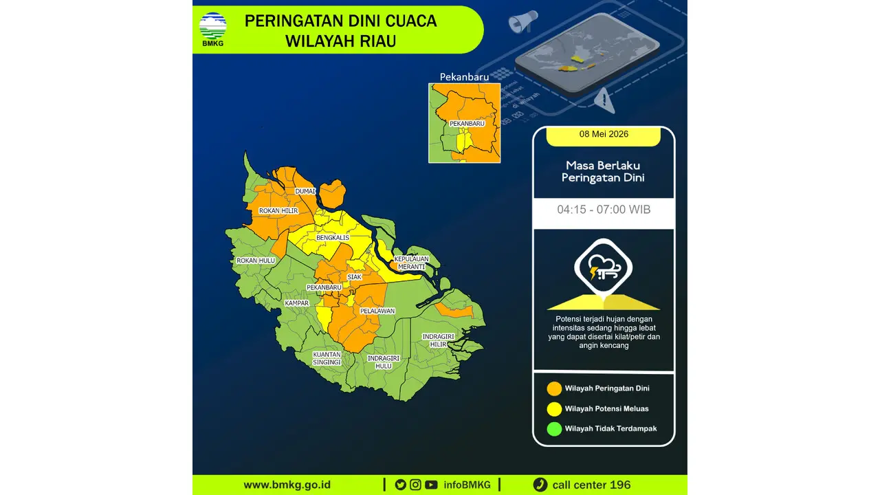 Prakiraan Cuaca Riau, 8 Mei 2026: Sejumlah Wilayah Berpotensi Hujan Lebat Disertai Petir dan Angin Kencang