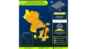Prakiraan Cuaca Sultra, 8 Mei 2026: Sejumlah Wilayah Berpotensi Hujan Lebat Disertai Petir dan Angin Kencang