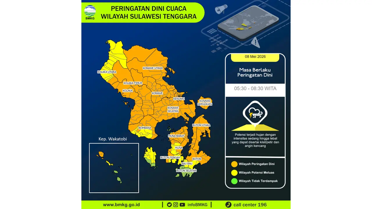 Prakiraan Cuaca Sultra, 8 Mei 2026: Sejumlah Wilayah Berpotensi Hujan Lebat Disertai Petir dan Angin Kencang