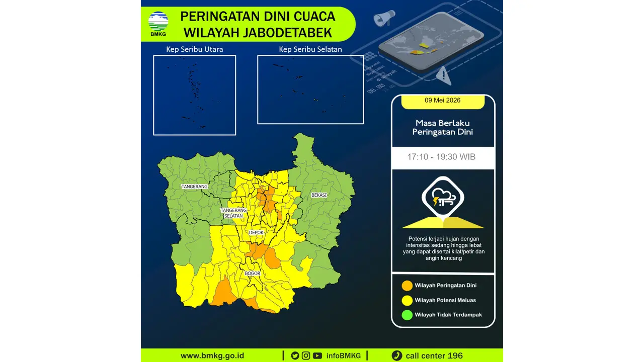 Prakiraan Cuaca Jabodetabek, 9 Mei 2026: Sejumlah Wilayah Berpotensi Hujan Lebat Disertai Petir dan Angin Kencang
