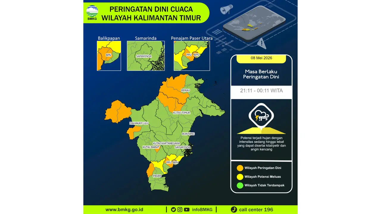 Prakiraan Cuaca Kaltim, 8 Mei 2026: Sejumlah Wilayah Berpotensi Hujan Lebat Disertai Petir dan Angin Kencang