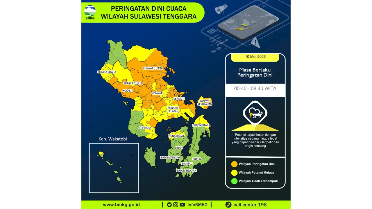 Prakiraan Cuaca Sultra, 10 Mei 2026: Sejumlah Wilayah Berpotensi Hujan Lebat Disertai Petir dan Angin Kencang