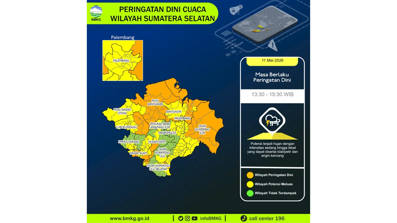 Prakiraan Cuaca Sumsel, 11 Mei 2026: Sejumlah Wilayah Berpotensi Hujan Lebat Disertai Petir dan Angin Kencang