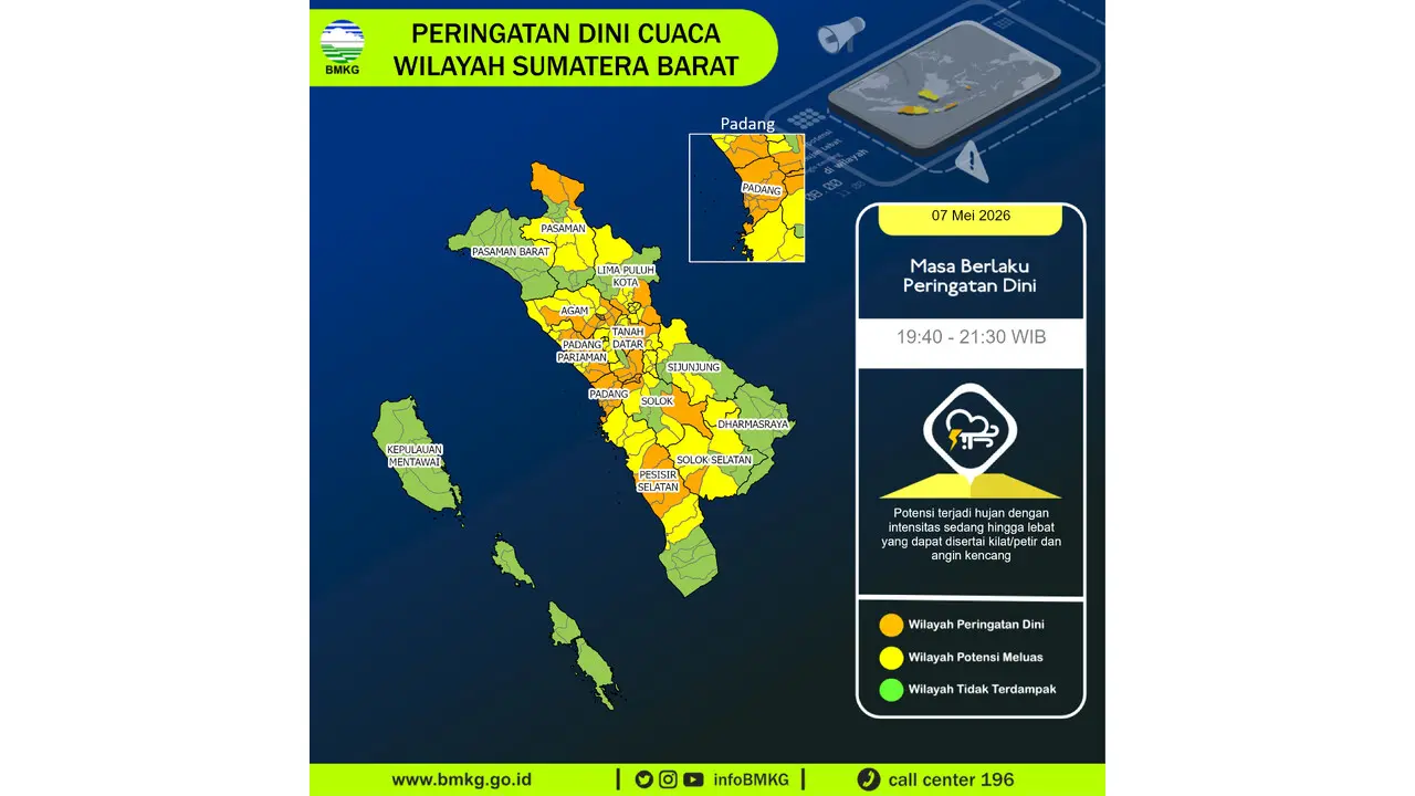 Prakiraan Cuaca Sumbar, 7 Mei 2026: Sejumlah Wilayah Berpotensi Hujan Lebat Disertai Petir dan Angin Kencang
