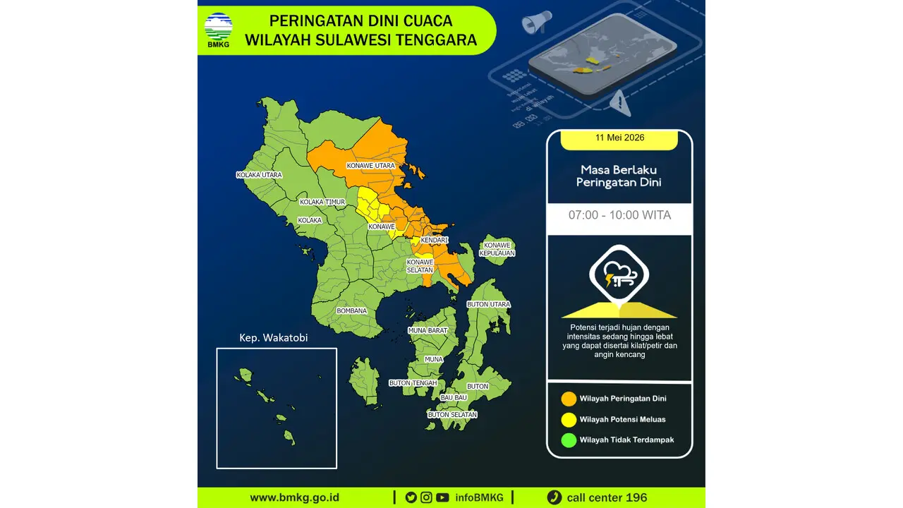 Prakiraan Cuaca Sultra, 11 Mei 2026: Sejumlah Wilayah Berpotensi Hujan Lebat Disertai Petir dan Angin Kencang