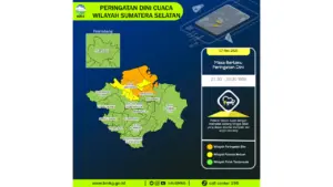 Prakiraan Cuaca Sumsel, 7 Mei 2026: Sejumlah Wilayah Berpotensi Hujan Lebat Disertai Petir dan Angin Kencang